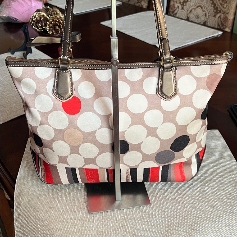 Coach Cream and Red Polka Dot Canvas Tote with Tan Leather Trim GUC 2 Tags - Picture 8 of 17